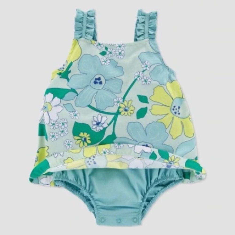 Carter’s Floral Print Ruffle Tank Sunsuit Romper Dress Blue Green Size 18 Months